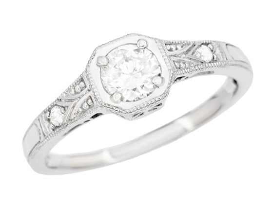 Low Profile Art Deco Antique Filigree White Sapphire Engagement Ring in White Gold - 14 or 18 Karat - Carved Sides - R298WWS