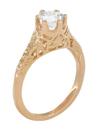 Art Deco Crown of Leaves Vintage Filigree 0.50 Carat Diamond Solitaire Engagement Ring in 14 Karat Rose Gold - Item: R299R50D-LC - Image: 2