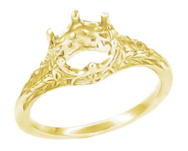 Yellow Gold Art Deco Crown of Leaves Carved Antique Filigree Solitaire Engagement Ring Setting for a Round 3/4 Carat Diamond - 6mm - 14K and 18K R299Y
