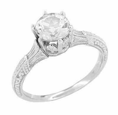 Art Deco Vintage Platinum Solitaire Diamond Engagement Ring in Crown Setting with Hand Engraving on Sides -R331P