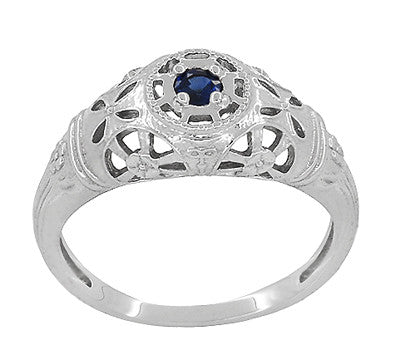 Art Deco 1920's Low Dome Filigree Blue Sapphire Ring in 14 Karat White Gold - Item: R335 - Image: 3