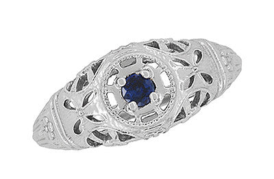 Art Deco 1920's Low Dome Filigree Blue Sapphire Ring in 14 Karat White Gold - Item: R335 - Image: 4
