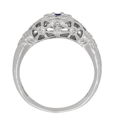 Art Deco 1920's Low Dome Filigree Blue Sapphire Ring in 14 Karat White Gold - Item: R335 - Image: 5