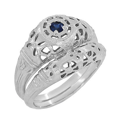 Art Deco 1920's Low Dome Filigree Blue Sapphire Ring in 14 Karat White Gold - Item: R335 - Image: 6