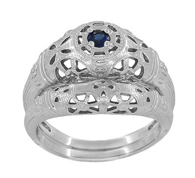 Art Deco 1920's Low Dome Filigree Blue Sapphire Ring in 14 Karat White Gold - Item: R335 - Image: 7