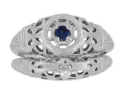 Art Deco 1920's Low Dome Filigree Blue Sapphire Ring in 14 Karat White Gold - Item: R335 - Image: 8