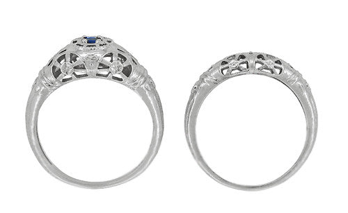 Art Deco 1920's Low Dome Filigree Blue Sapphire Ring in 14 Karat White Gold - Item: R335 - Image: 9
