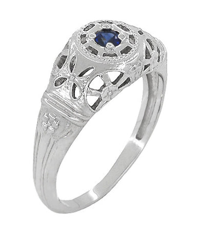 Art Deco 1920's Low Dome Filigree Blue Sapphire Ring in 14 Karat White Gold - alternate view