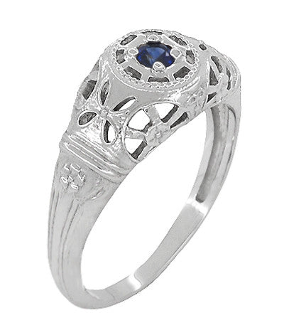 Art Deco 1920's Low Dome Filigree Blue Sapphire Ring in 14 Karat White Gold - Item: R335 - Image: 2