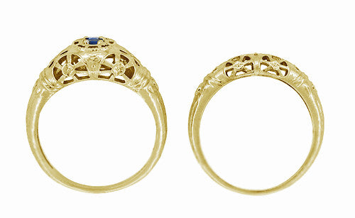 Yellow Gold Low Dome Floral Filigree Art Deco Blue Sapphire Ring - Item: R335Y - Image: 7