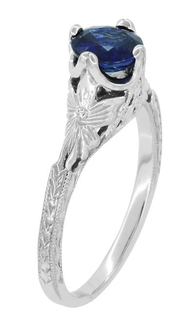 Art Deco Filigree Flowers and Wheat Engraved Sapphire Engagement Ring in 18 Karat White Gold - alternate view