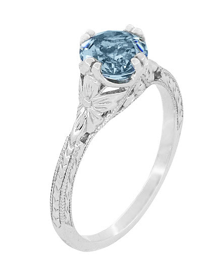 Art Deco Filigree Flowers and Wheat Engraved Aquamarine Engagement Ring in White Gold - 18K or 14K - Item: R356W75A14 - Image: 3