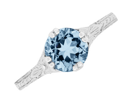 Art Deco Filigree Flowers and Wheat Engraved Aquamarine Engagement Ring in White Gold - 18K or 14K - Item: R356W75A14 - Image: 5