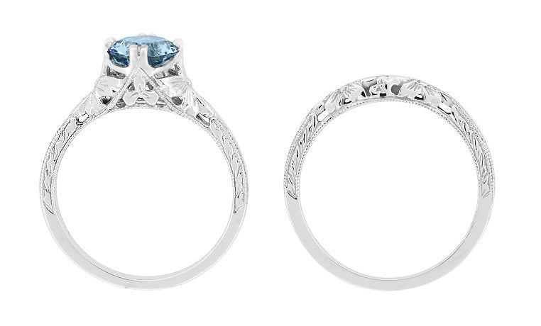 Art Deco Filigree Flowers and Wheat Engraved Aquamarine Engagement Ring in White Gold - 18K or 14K - Item: R356W75A14 - Image: 6
