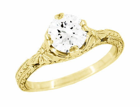 Yellow Gold Carved Vintage Filigree Solitaire Engagement Ring Setting for a 3/4 Ct Round Diamond - 6mm - R356Y