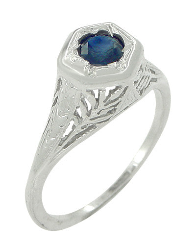 Art Deco Blue Sapphire Filigree Ring in 14 Karat White Gold - Item: R365 - Image: 3