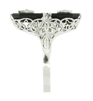 Antique Onyx and Double Diamond Antique Filigree Cocktail Ring in 14 Karat White Gold - alternate view
