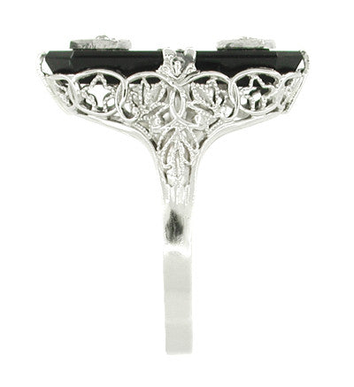 Antique Onyx and Double Diamond Antique Filigree Cocktail Ring in 14 Karat White Gold - Item: R371 - Image: 2