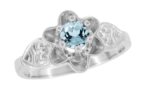 Flowers and Leaves Aquamarine Engagement Ring in 14 Karat White Gold - Item: R373WA - Image: 2