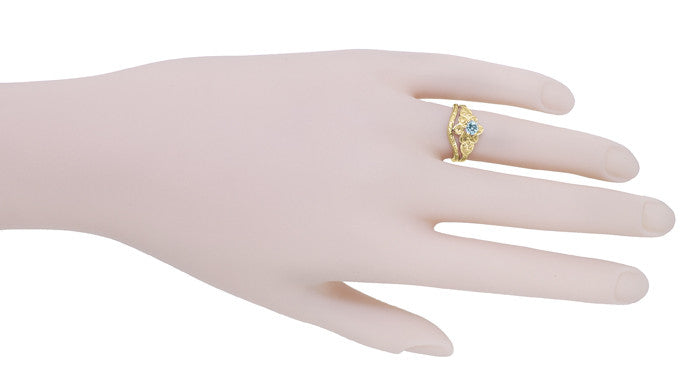 Victorian Flowers Aquamarine Birthstone Engagement Ring in 14 Karat Yellow Gold - Item: R373YA - Image: 8