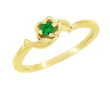 Yellow Gold Emerald Promise Ring - 1950's Vintage Sculptural Rose - R377YE