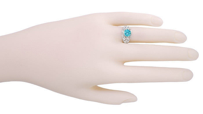 Edwardian Natural Blue Zircon Filigree Ring in 14 Karat White Gold - December Birthstone - Item: R397 - Image: 3