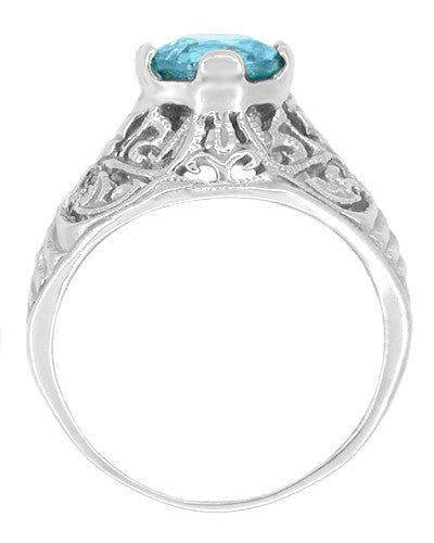 Edwardian Natural Blue Zircon Filigree Ring in 14 Karat White Gold - December Birthstone - Item: R397 - Image: 2