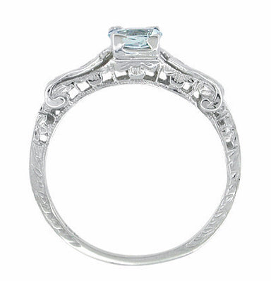 Art Deco Filigree Aquamarine and Diamond Ring in 14 Karat White Gold - alternate view