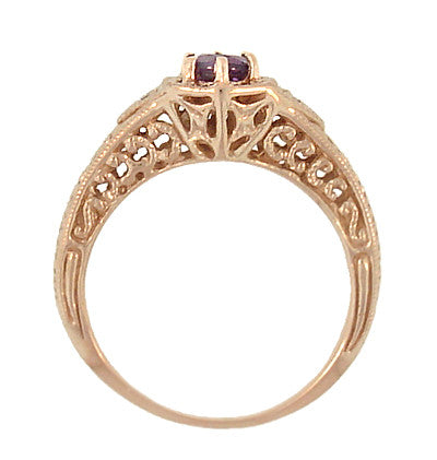 Art Deco Amethyst and Diamond Filigree Engraved Engagement Ring in 14 Karat Rose Gold - Item: R407RAM - Image: 3