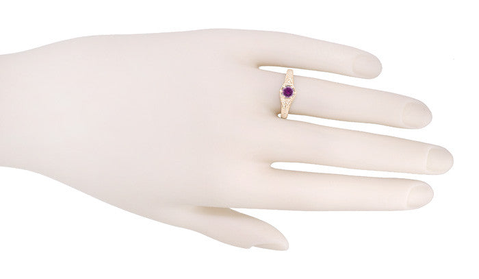 Art Deco Amethyst and Diamond Filigree Engraved Engagement Ring in 14 Karat Rose Gold - Item: R407RAM - Image: 4