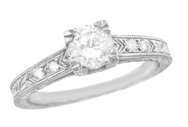 Art Deco Engraved 1920's Style Diamond Engagement Ring in Platinum - Round Diamond in Fishtail Prong Setting- R408D