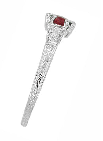 1920's Art Deco Ruby and Diamonds Engraved "Fishtail" Engagement Ring in 18 Karat White Gold - Item: R408W - Image: 2