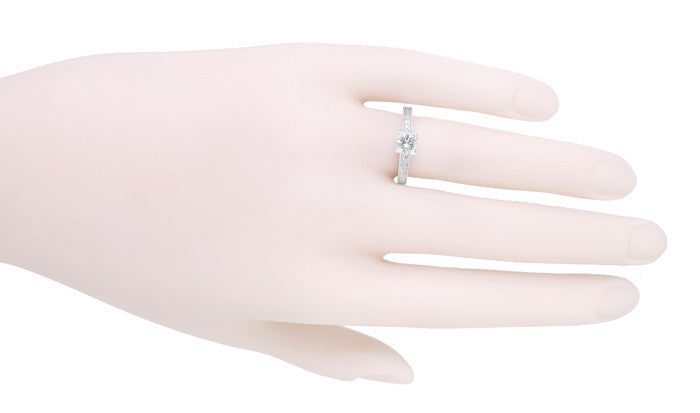Vintage Engraved Art Deco Diamond Engagement Ring in 18 Karat White Gold - Item: R408WD - Image: 5