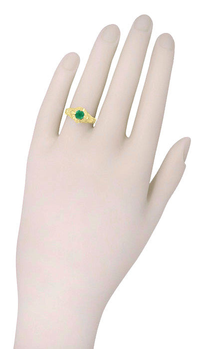 Art Deco Emerald Engraved Filigree Engagement Ring in 14 Karat Yellow Gold - Item: R410Y - Image: 4
