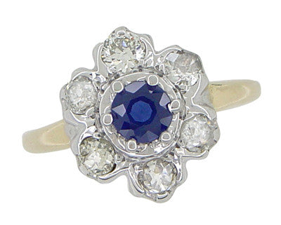 Mid Century Antique Floral Diamond and Blue Sapphire Ring in 14 Karat White and Yellow Gold - Item: R415 - Image: 3