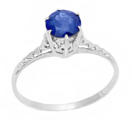 Edwardian High Set Solitaire Blue Sapphire Engagement Ring in Platinum - Item: R417P - Image: 2