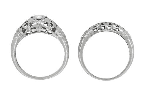 Art Deco Open Flowers Filigree Diamond Engagement Ring in 14 Karat White Gold | Low Profile Dome - Item: R428-LC - Image: 7
