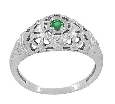1920's Style Art Deco Low Dome Filigree Emerald Ring in Platinum - Item: R428PE - Image: 3