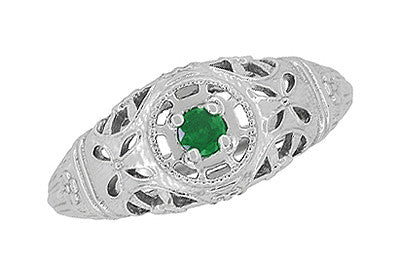 1920's Style Art Deco Low Dome Filigree Emerald Ring in Platinum - Item: R428PE - Image: 4