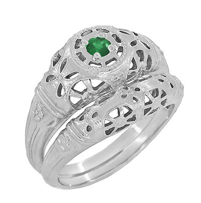 1920's Style Art Deco Low Dome Filigree Emerald Ring in Platinum - Item: R428PE - Image: 6