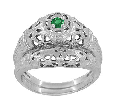 1920's Style Art Deco Low Dome Filigree Emerald Ring in Platinum - Item: R428PE - Image: 7