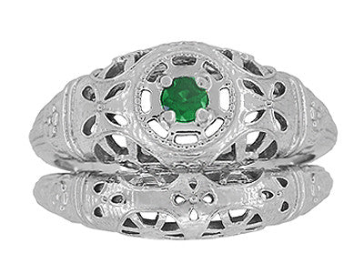 1920's Style Art Deco Low Dome Filigree Emerald Ring in Platinum - Item: R428PE - Image: 8