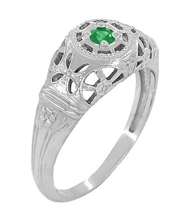 1920's Style Art Deco Low Dome Filigree Emerald Ring in Platinum - alternate view