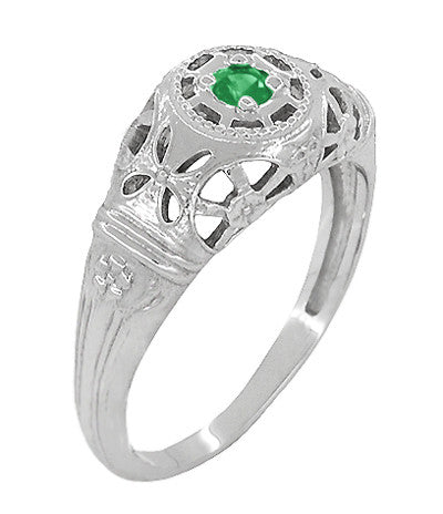 1920's Style Art Deco Low Dome Filigree Emerald Ring in Platinum - Item: R428PE - Image: 2