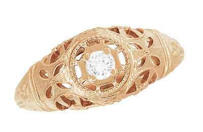 14 Karat Rose Gold Art Deco Low Dome Filigree White Sapphire Ring - Item: R428RWS - Image: 4