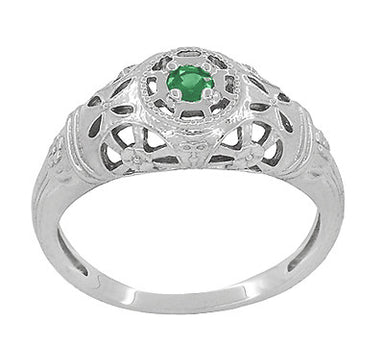 Art Deco Filigree Dome Emerald Ring in 14 Karat White Gold - alternate view