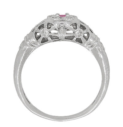 Art Deco Floral Low Dome Filigree Pink Sapphire Ring in 14 Karat White Gold - Item: R428WPS - Image: 4