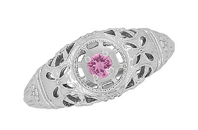Art Deco Floral Low Dome Filigree Pink Sapphire Ring in 14 Karat White Gold - Item: R428WPS - Image: 5