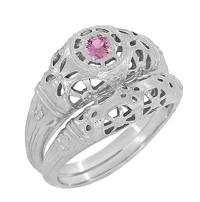Art Deco Floral Low Dome Filigree Pink Sapphire Ring in 14 Karat White Gold - Item: R428WPS - Image: 6