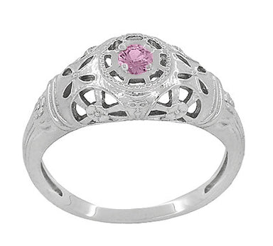 Art Deco Floral Low Dome Filigree Pink Sapphire Ring in 14 Karat White Gold - alternate view